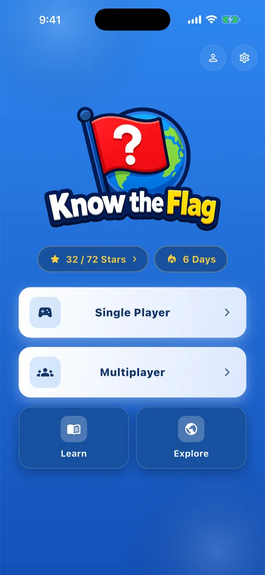 Home screen with Single Player, Multiplayer, Learn and Explore.
