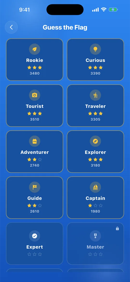 Level selection grid showing earned stars and points.