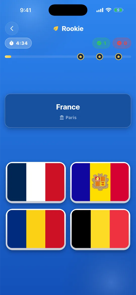 Guess the Flag mode: the country name France above four similar tricolour flags.