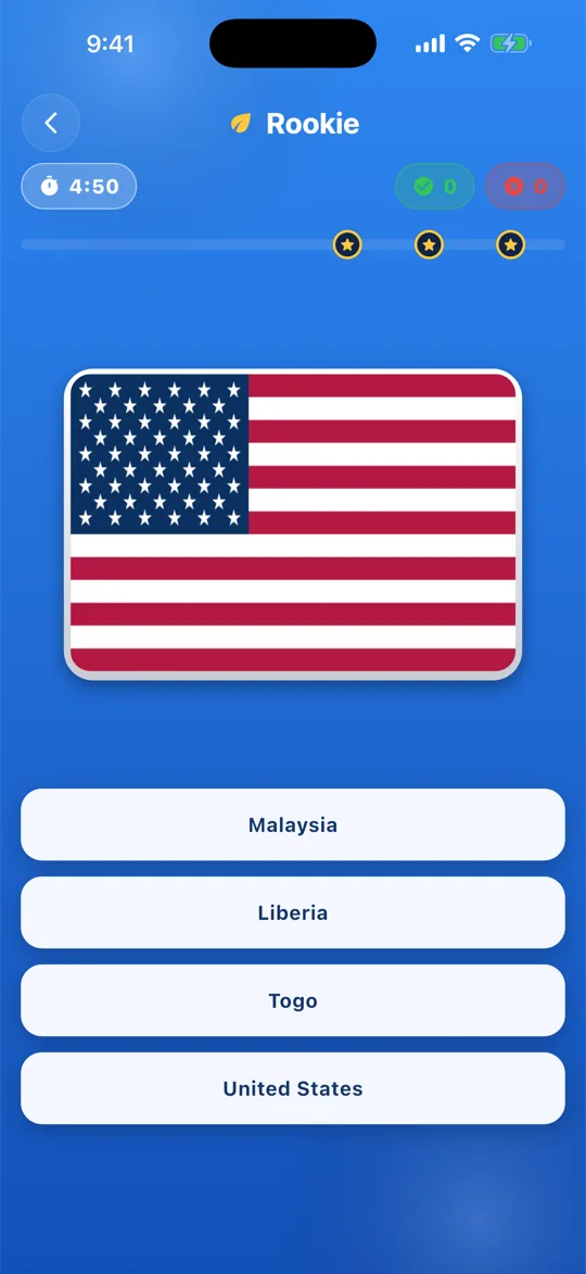 A quiz question in Know the Flag: the flag of the United States above four country choices.