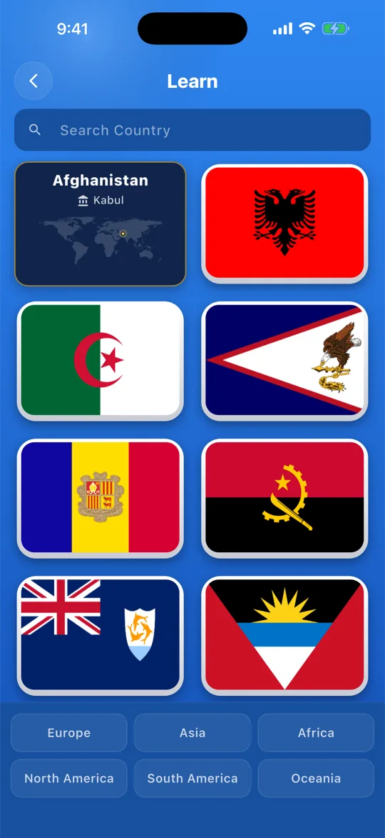 Learn mode: a searchable grid of flags, one card flipped to show the country and capital.