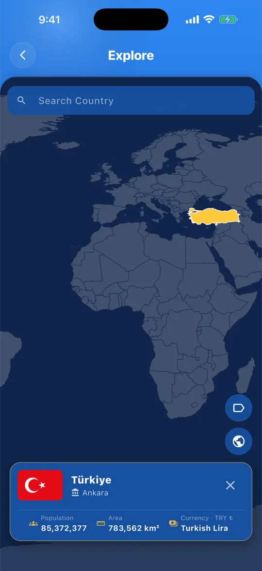 Explore: a world map with Türkiye selected, showing capital, population, area and currency.