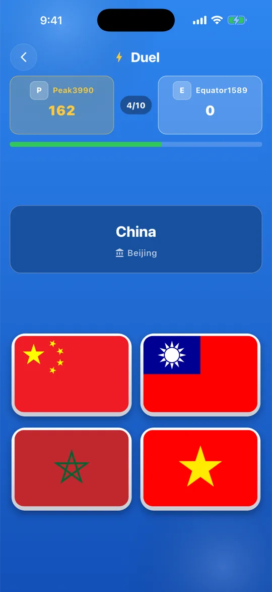 A live duel in progress: two players, a shared clock and four flags to choose from.